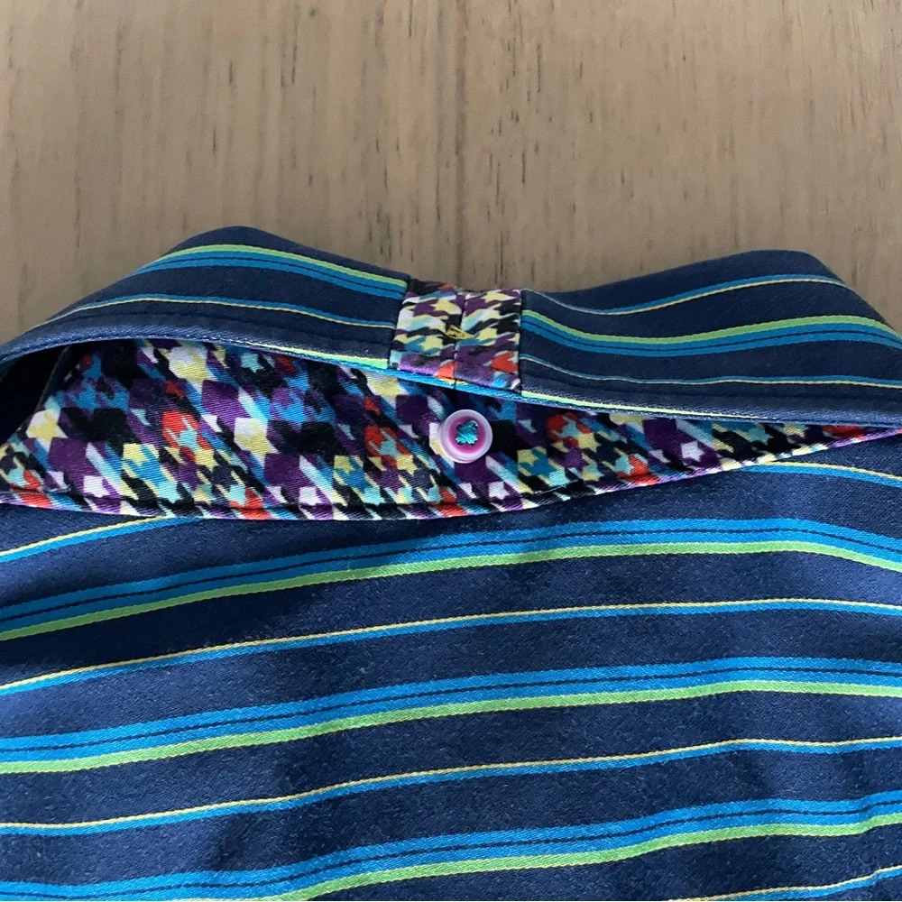 Robert Graham X Mens Shirt Large Blue Green Stripe Contrasting Cuffs Modern - Picture 8 of 8